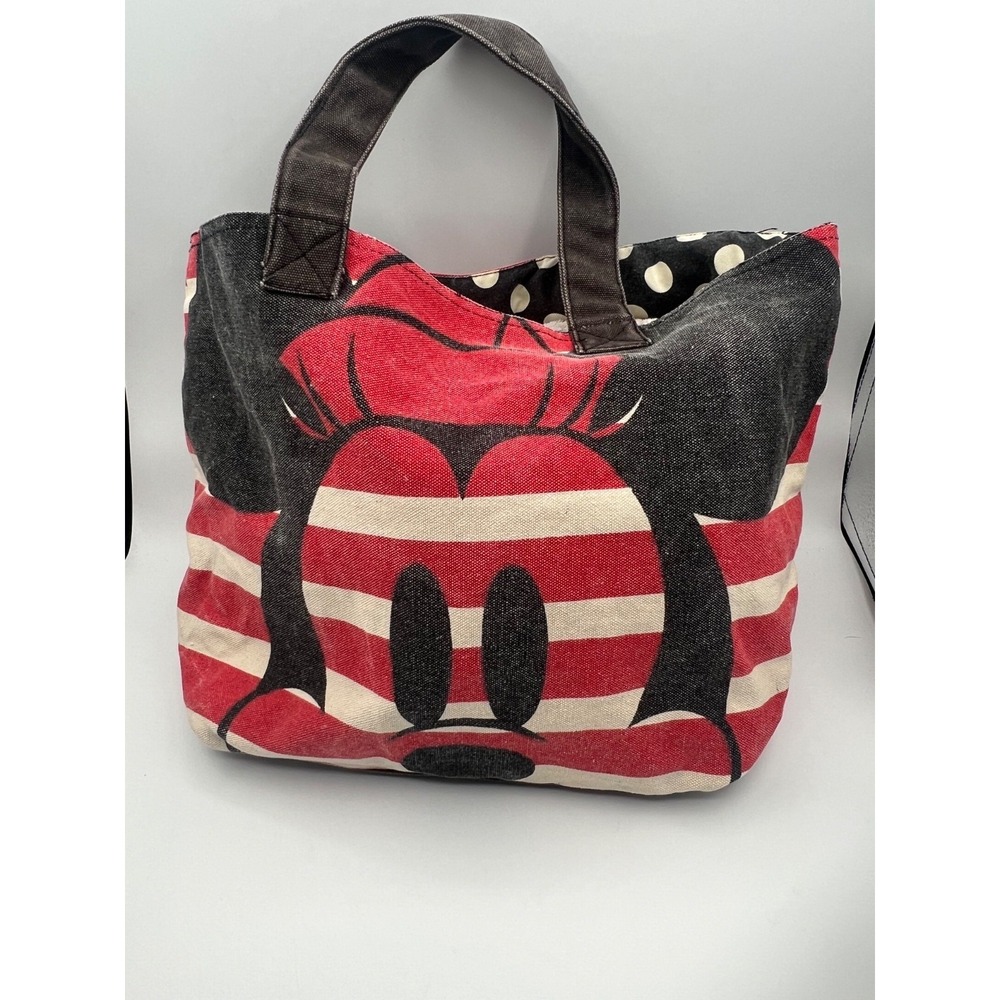 Disney Store Minnie Mouse Canvas Tote Bag Red Stripe Polka Dot Large Shopper EUC